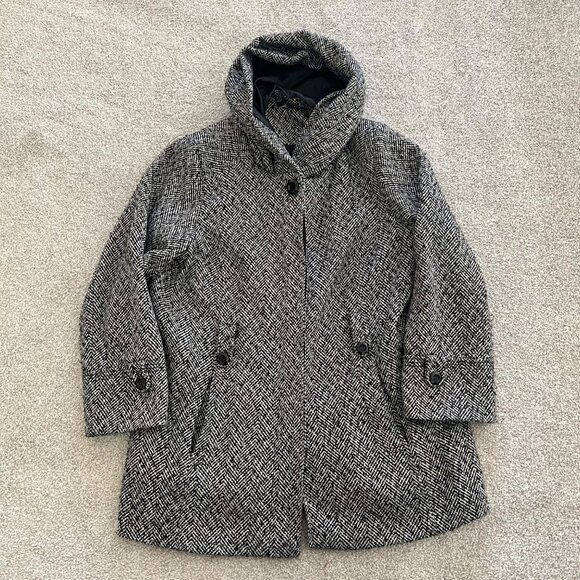 George Herringbone Wool Blend Hooded Coat with Hidden Buttons Black & White 3XL - Picture 9 of 13